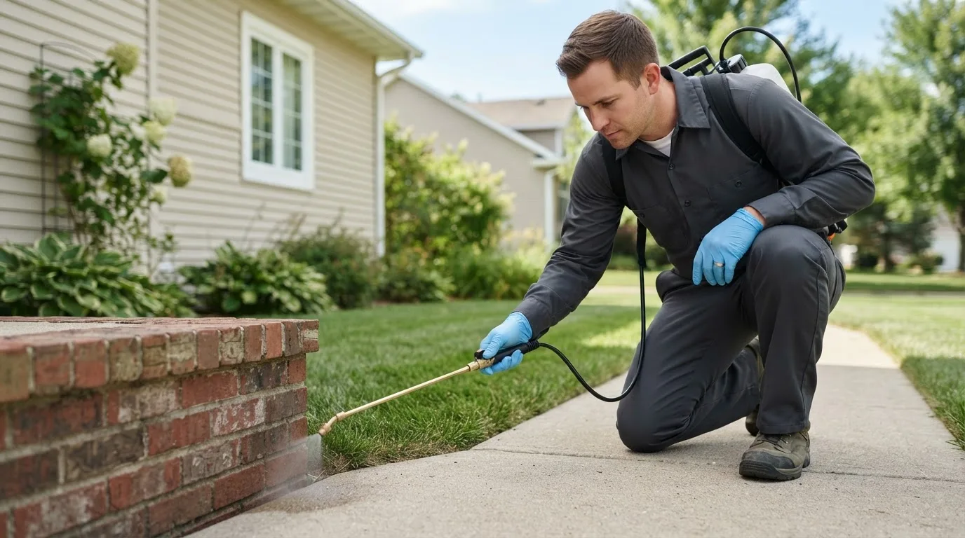 Pest control technician treating a home near Livonia, MI